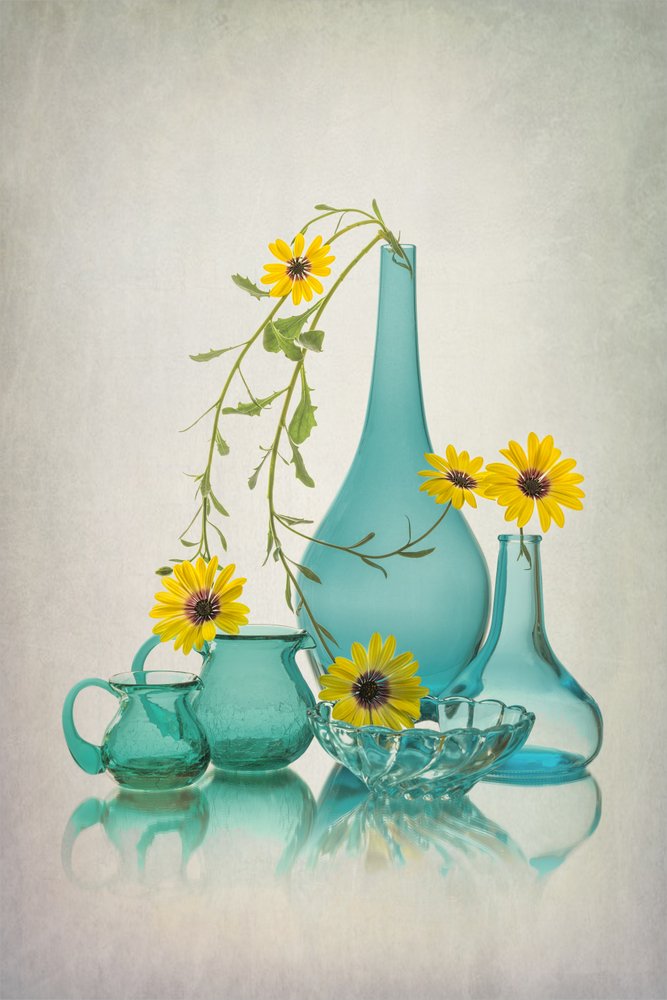 Blue Glass Yellow Flowers by Lydia Jacobs