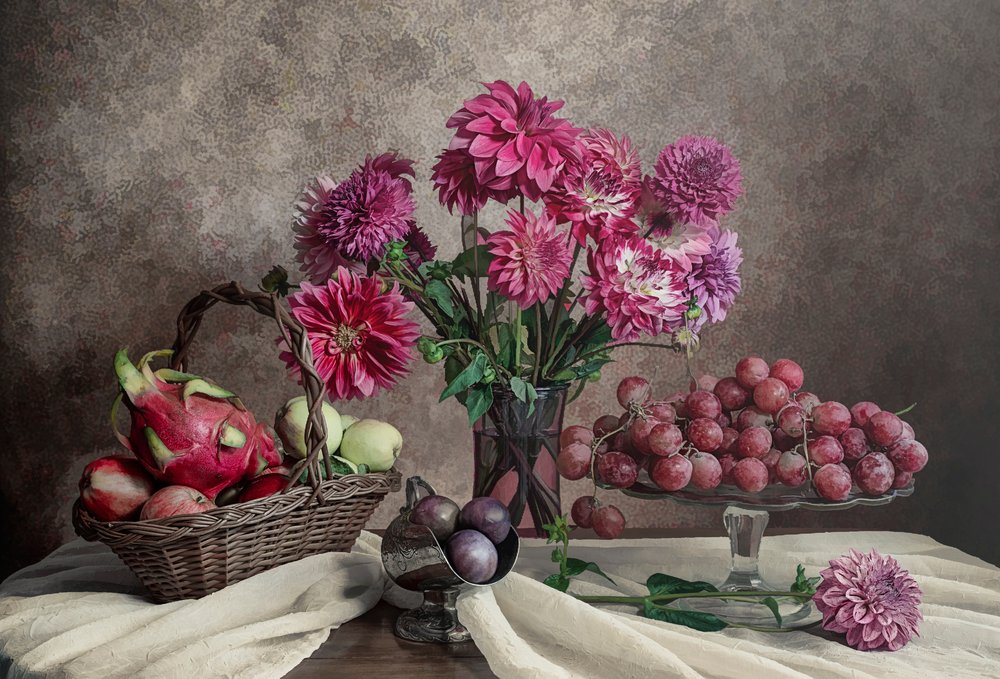 Dahlia and Fruit Still Life by Lydia Jacobs