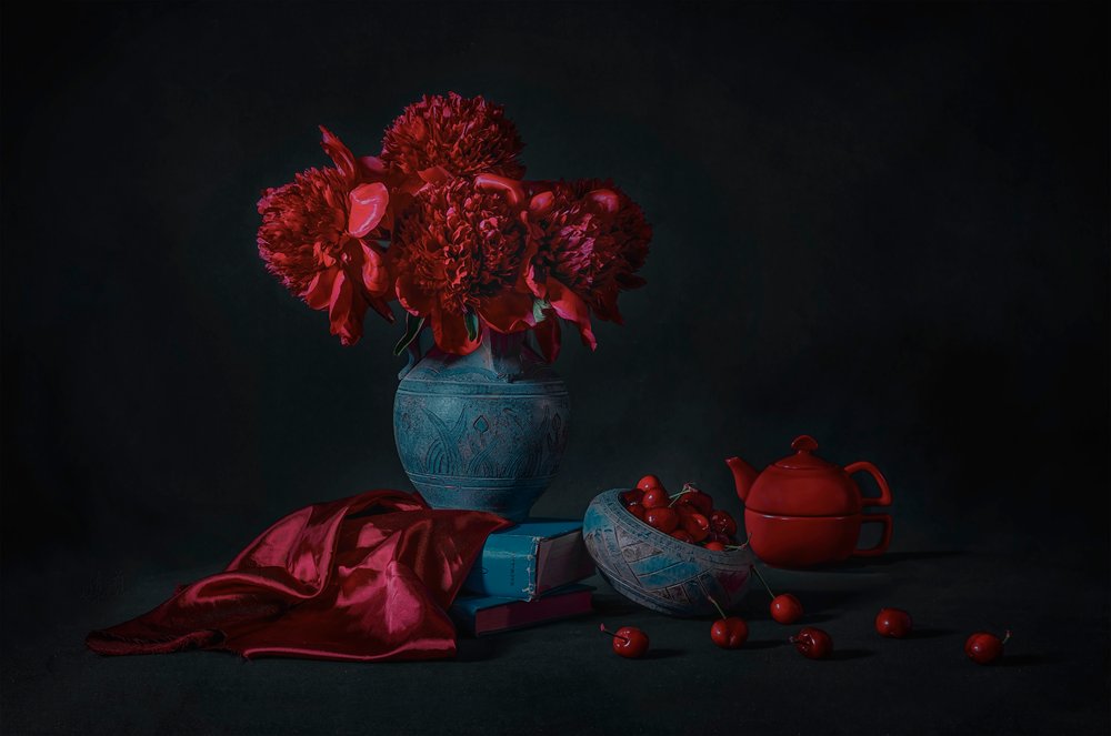 Dark Peonies and Cherries by Lydia Jacobs