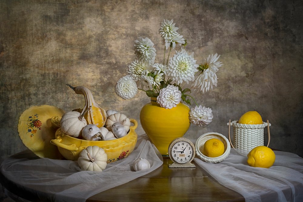 Lemons Dahlias Harvest by Lydia Jacobs
