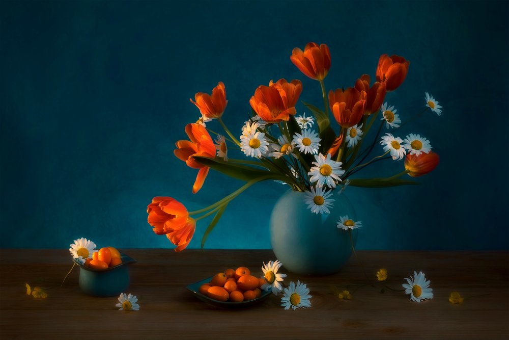 Moody Tulips Daisy Still Life by Lydia Jacobs