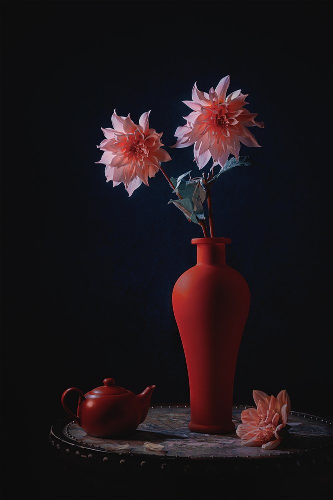 Pink Dahlias Red Vase by Lydia Jacobs