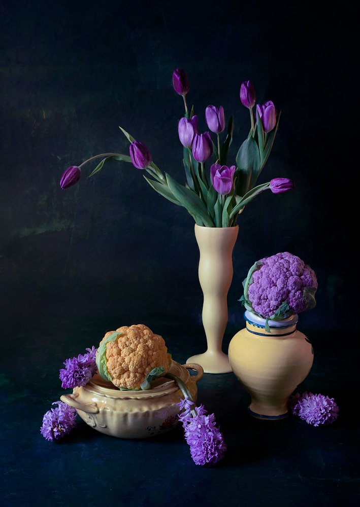 Purple Tulips And Cauliflower by Lydia Jacobs