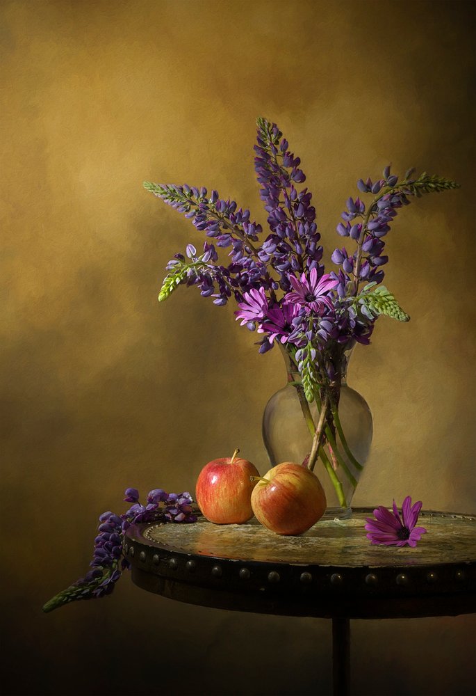 Vibrant Lupines and Apples by Lydia Jacobs