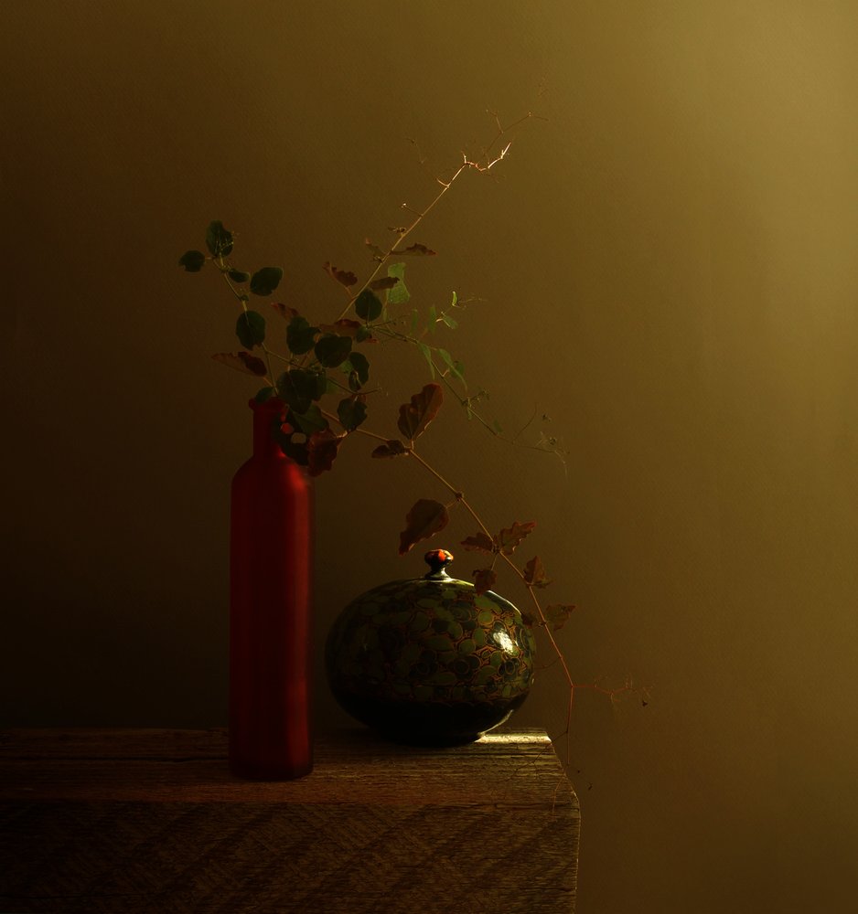 Red Bottle Dark Still Life by Margaret Halaby