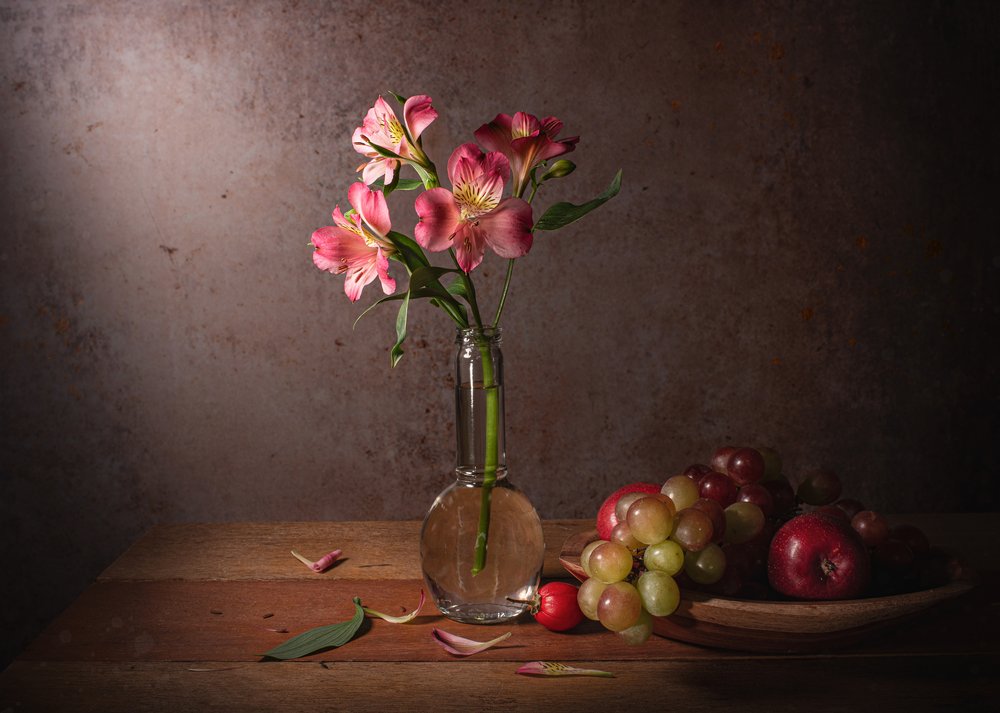Dramatic Floral and Fruit Still Life by Margareth Perfoncio