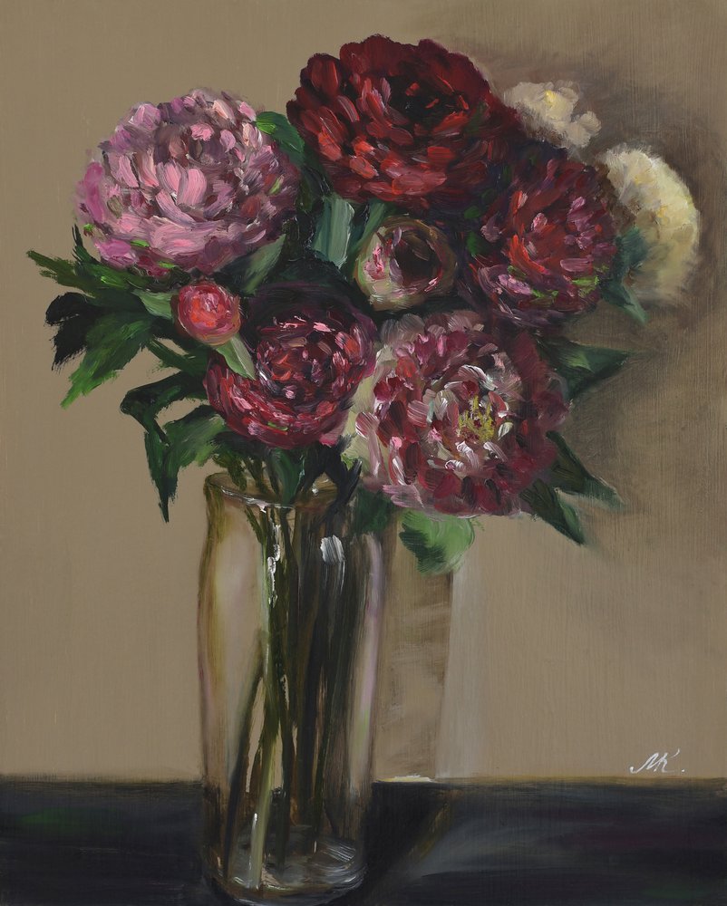 Dark Red Peonies in Glass Vase - Moody Floral Oil Painting by Marina Kozyr