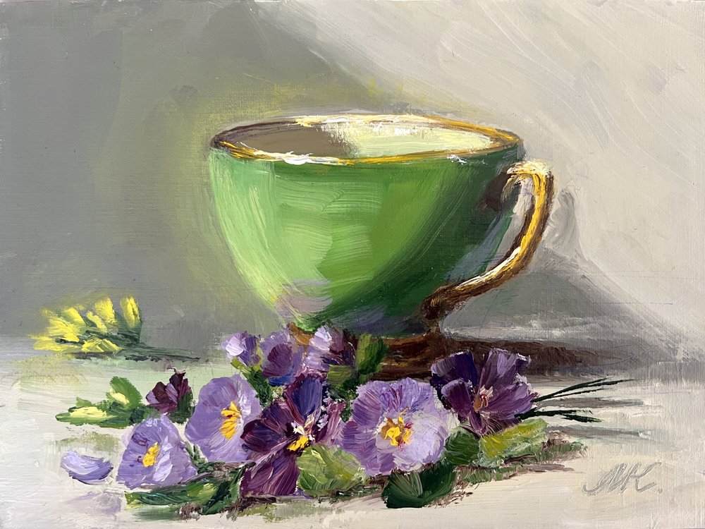 Green Teacup Pansies by Marina Kozyr
