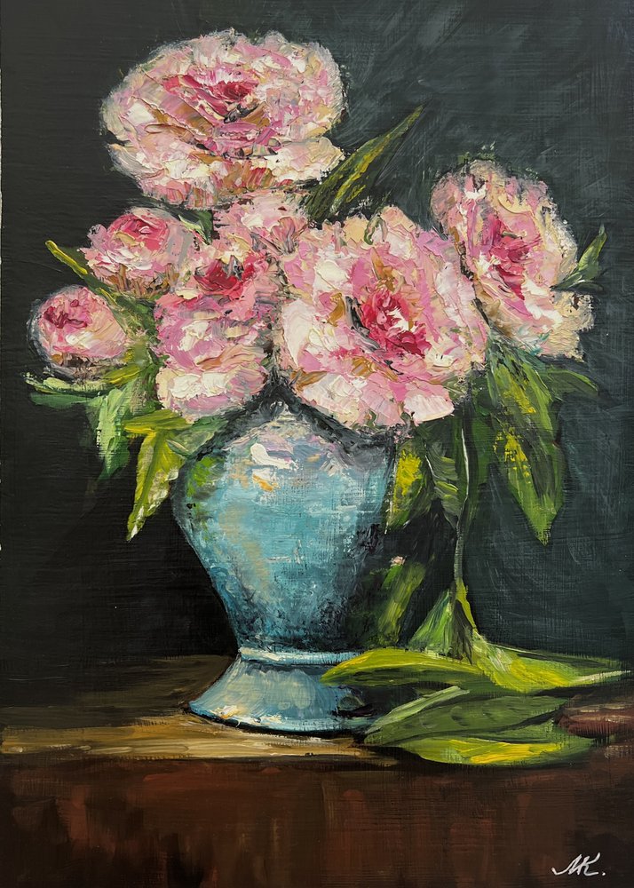 Pink Peonies Blue Vase by Marina Kozyr