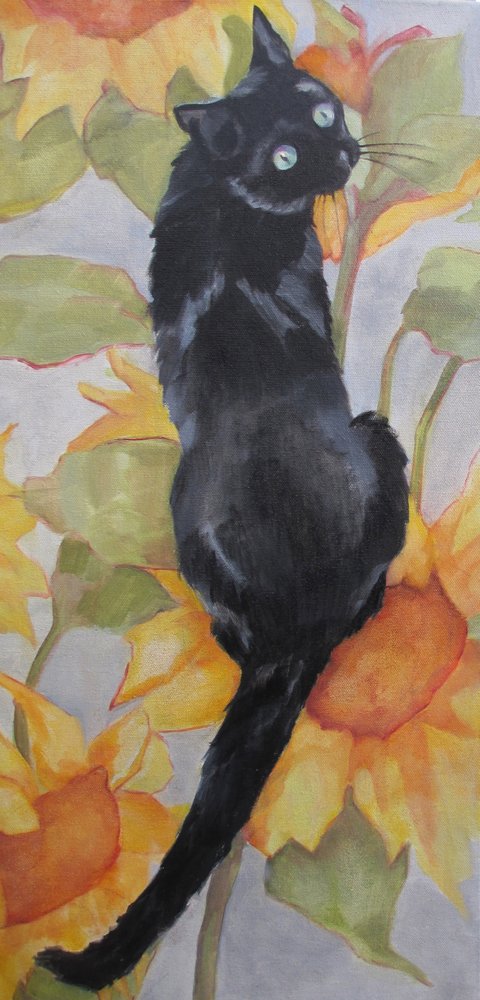 Black Cat Among Sunflowers by Maxine Shore