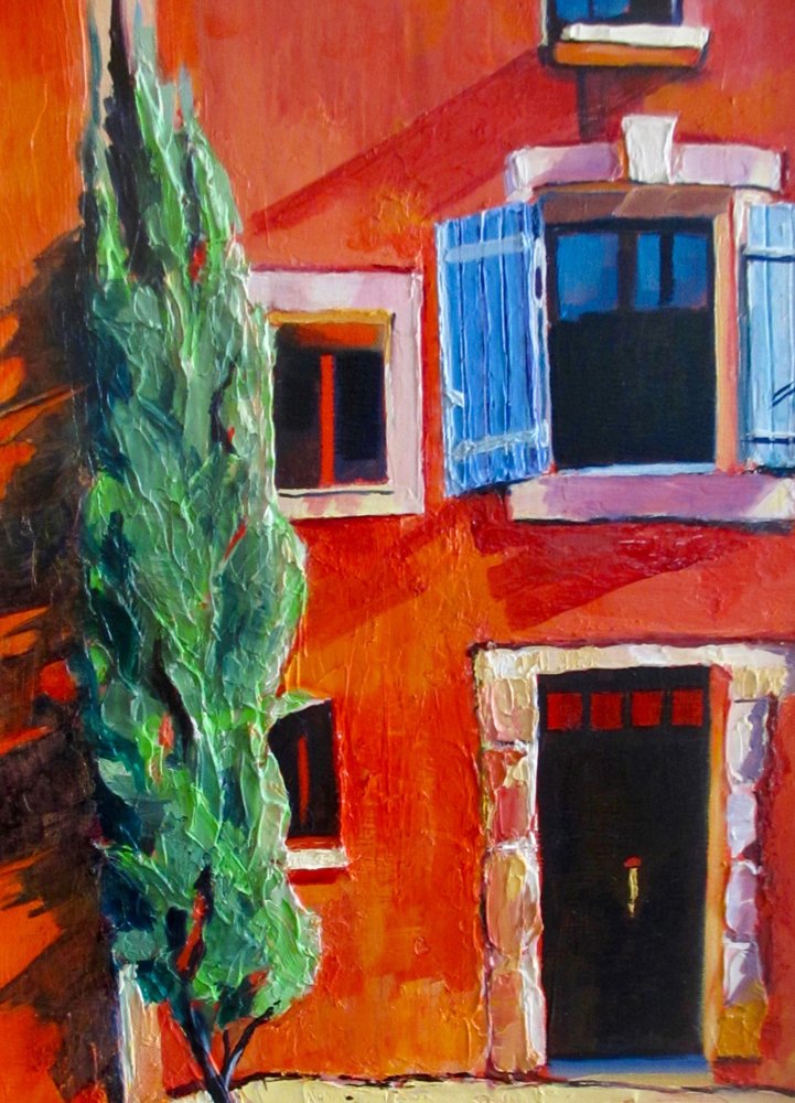 Red House Blue Shutters by Maxine Shore