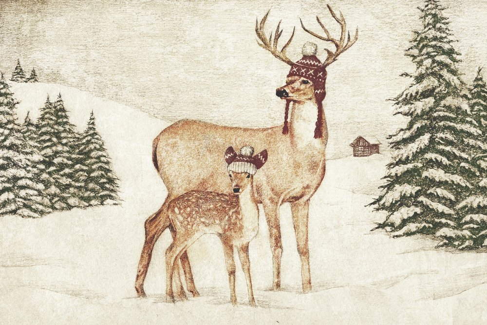 Deer Wearing Cozy Hats by Mike Koubou