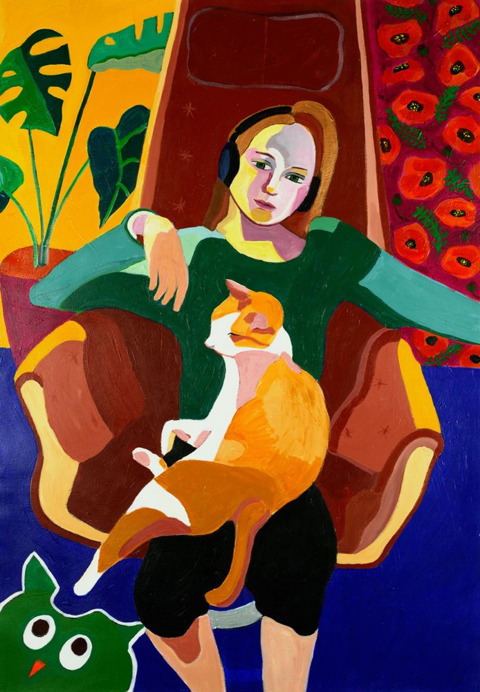 Cozy Girl and Cat by Monica Prentice