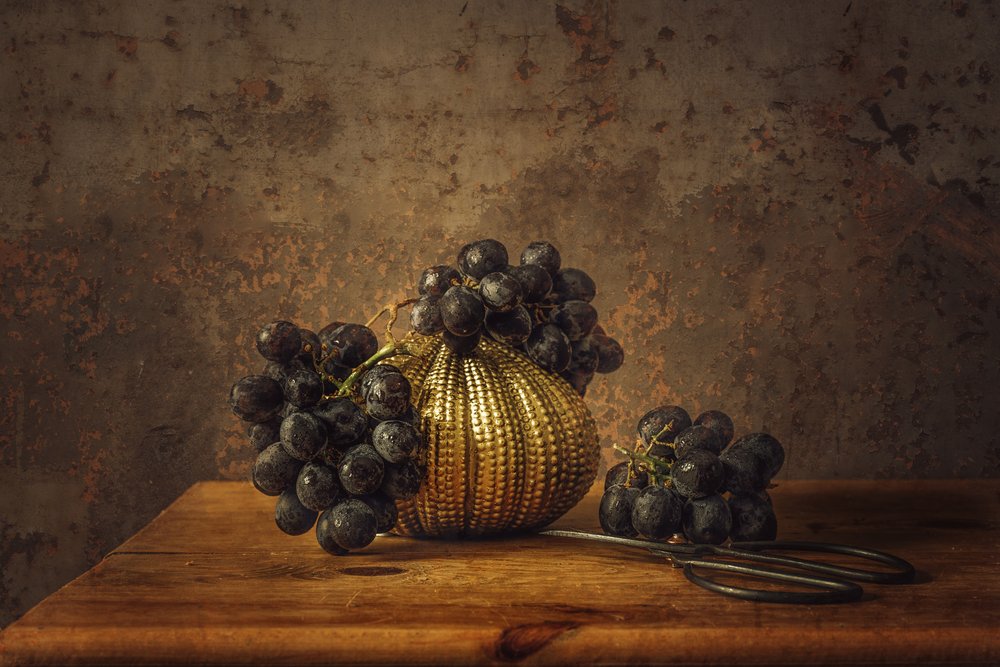 Elegant Grapes Golden Still Life by Monique van Velzen