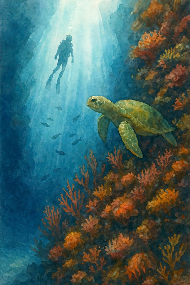 Diver and Sea Turtle by Natalie Bruns