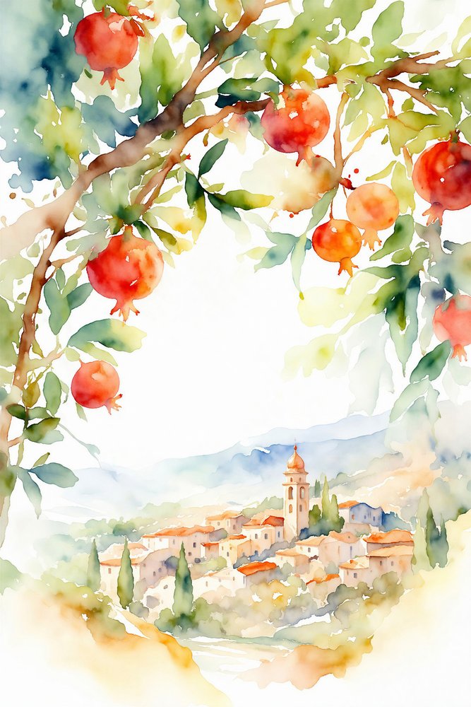 Pomegranates Over Tuscan Village by Natalie Bruns