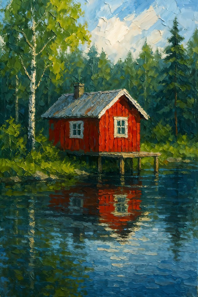 Red Cabin Lake Reflection by Natalie Bruns