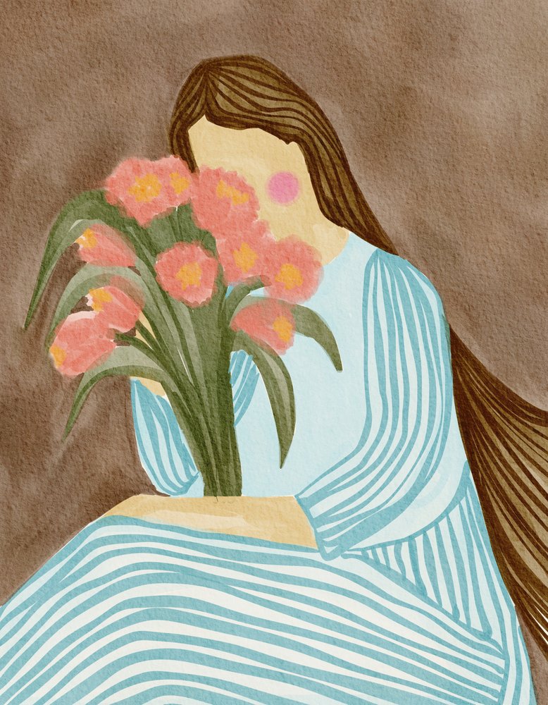 Shy Woman Pink Tulips by Nikita Jariwala