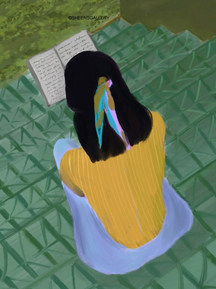 Girl Reading on Stairs by Osheensgallery