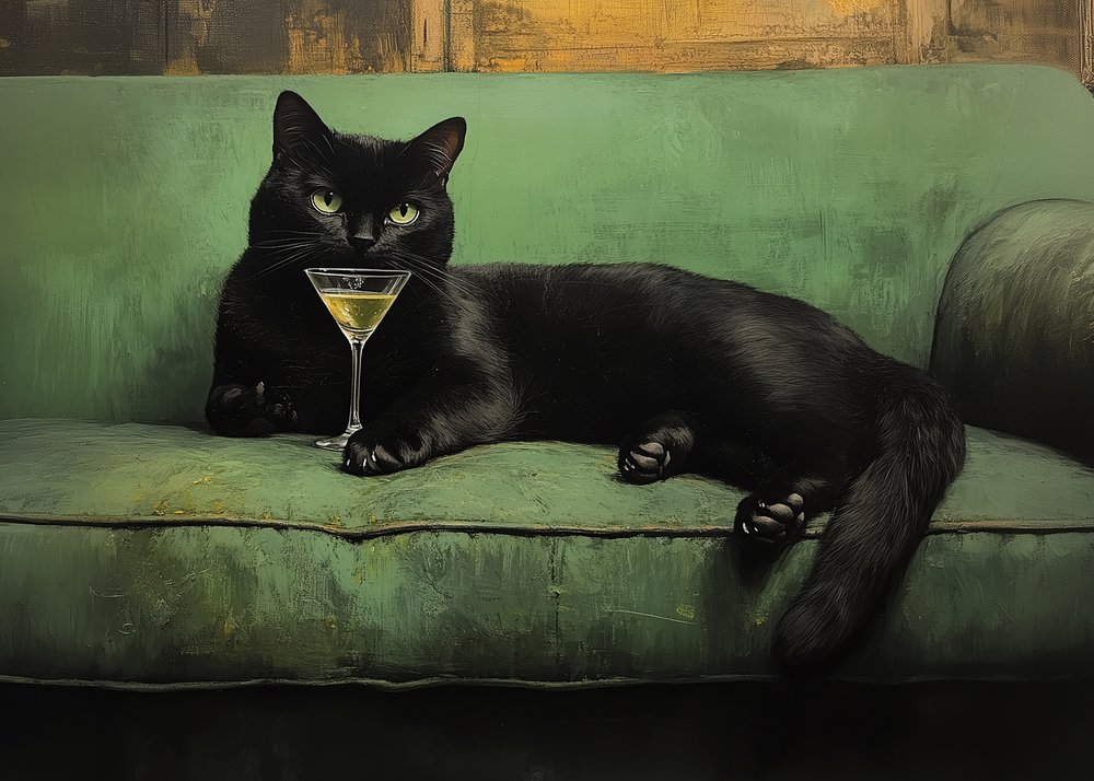 Resting Cat Green Sofa Martini 001 by Pictufy Studio