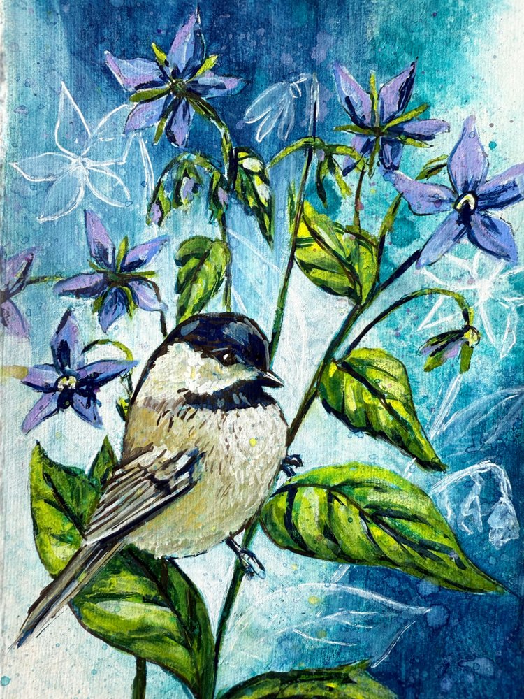 Blue Garden Chickadee by Renee Machan Cottagecore Artist