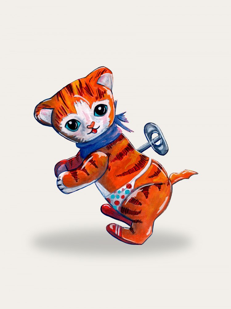 Cute Wind-Up Kitten by Renee Machan Cottagecore Artist