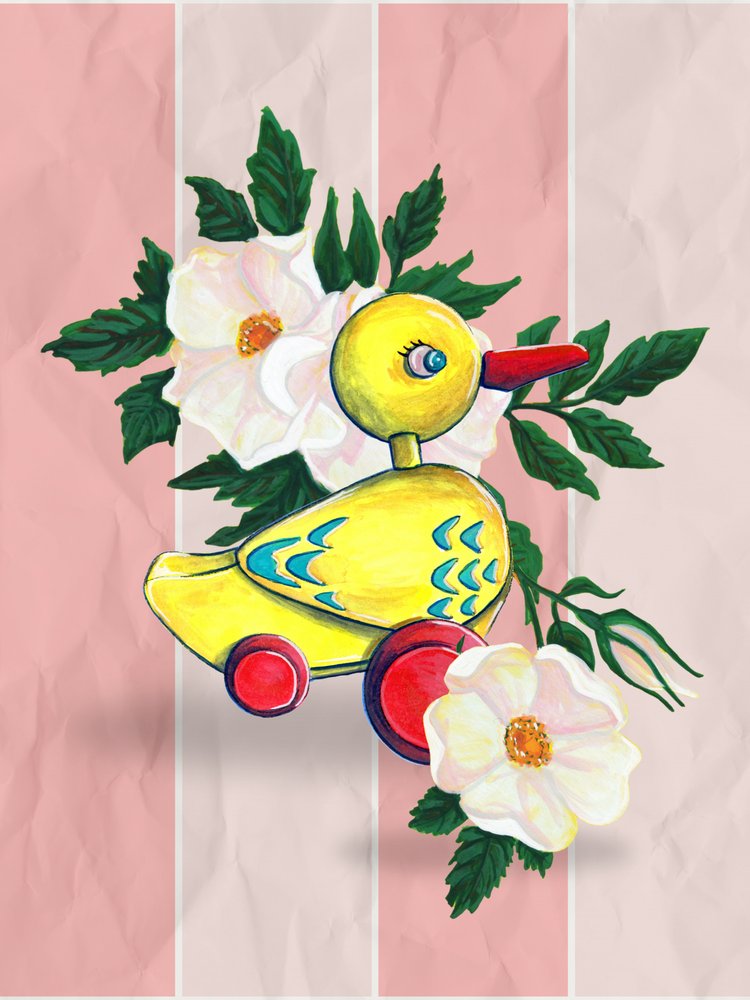 Playful Duck and Roses by Renee Machan Cottagecore Artist