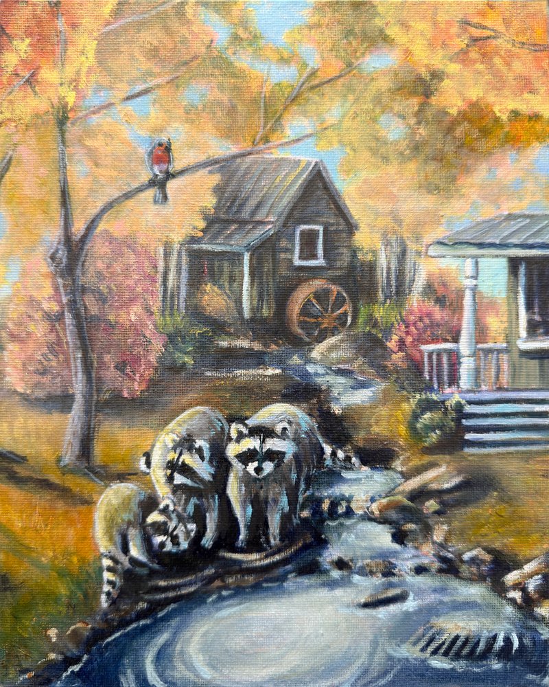 Raccoons in Autumn Stream by Renee Machan Cottagecore Artist