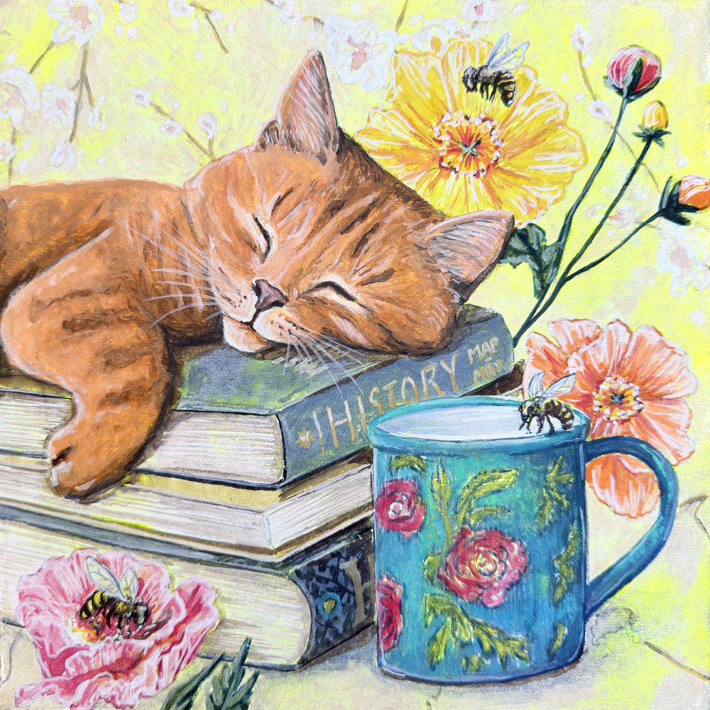 Sleeping Cat Among Books by Renee Machan Cottagecore Artist