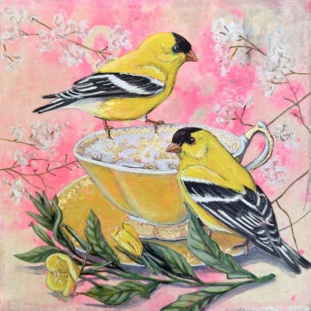 Spring Goldfinches and Teacup by Renee Machan Cottagecore Artist