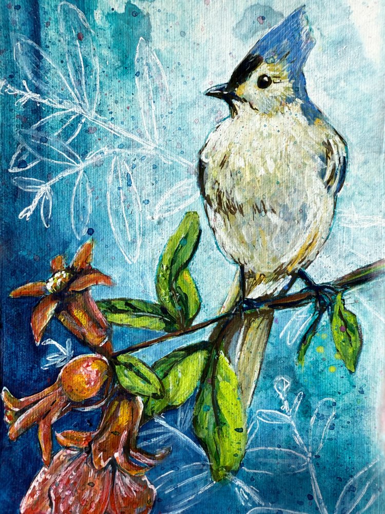 Tufted Titmouse Pomegranate by Renee Machan Cottagecore Artist