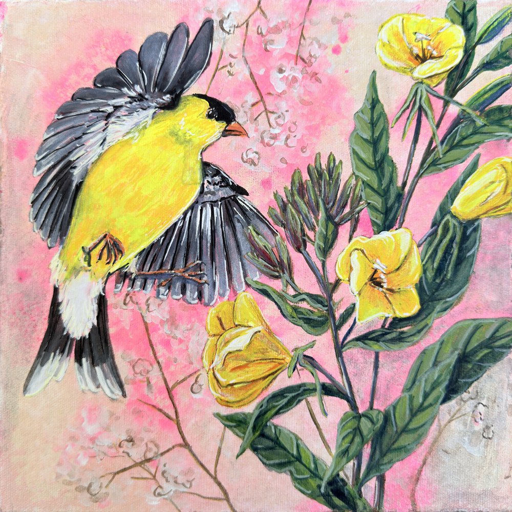 Vibrant Goldfinch and Yellow Blooms by Renee Machan Cottagecore Artist