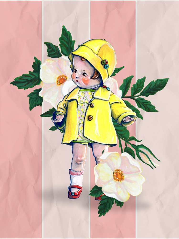 Vintage Doll with Flowers by Renee Machan Cottagecore Artist