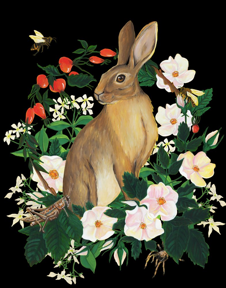 Wild Rabbit and Flowers by Renee Machan Cottagecore Artist