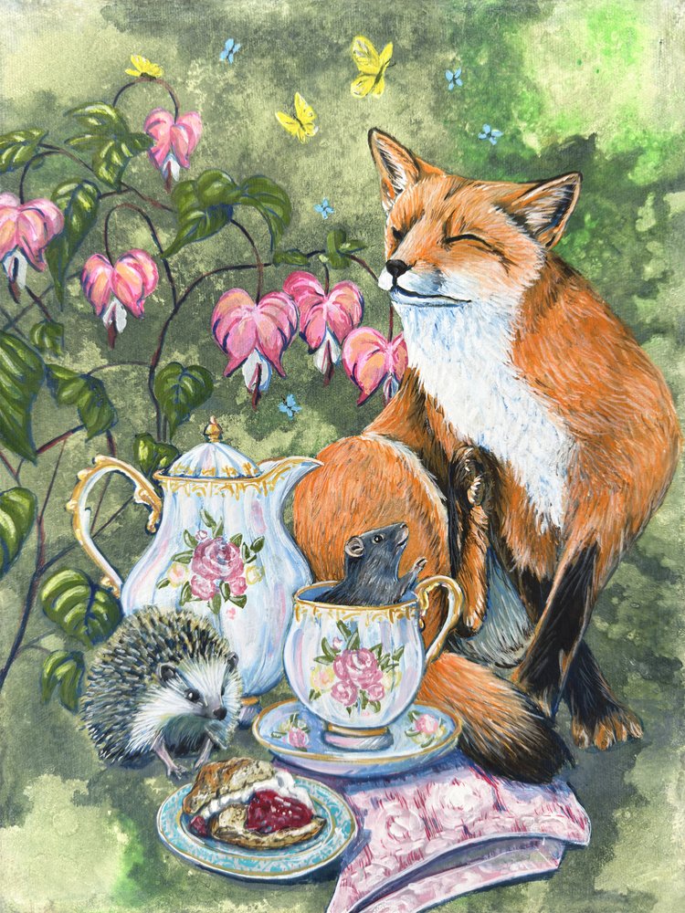 Afternoon Tea Fox Hedgehog and Mouse With Bleeding Heart Flowers by Renee Machan Cottagecore Artist