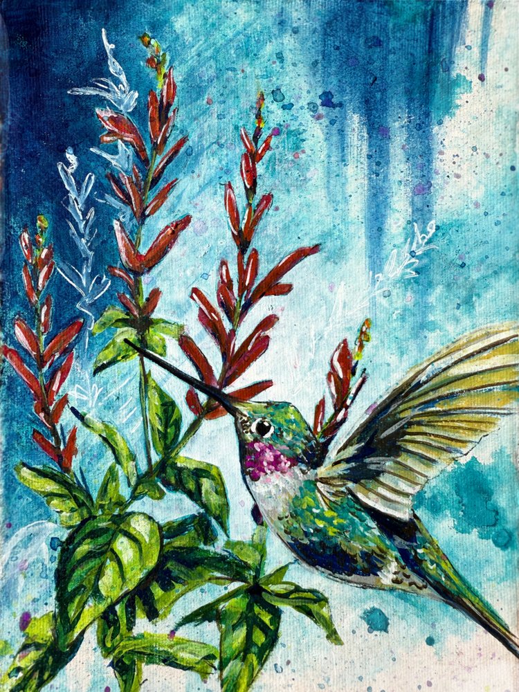 "Hover" Hummingbird and Pineapple Sage Flowers by Renee Machan Cottagecore Artist