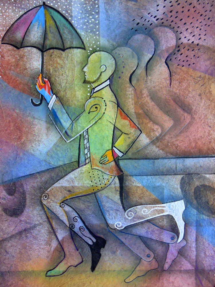 Dynamic Man Running with Umbrella by Ricardo Maya