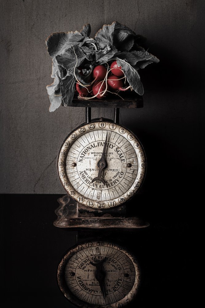 Vintage Scale with Radishes by Rob Ryan