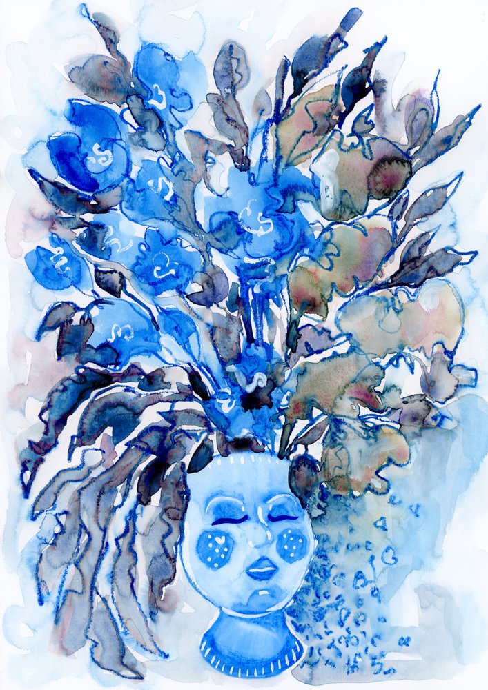 Whimsical Blue Floral Head by Rosana Laiz Blursbyai