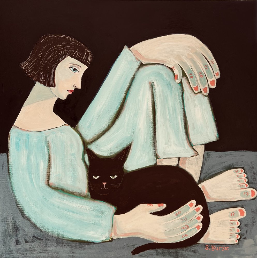 Pensive Woman with Black Cat by Sharyn Bursic