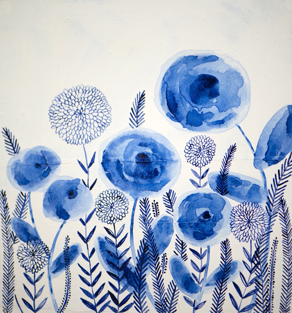 Indigo Watercolor Blooms by Shelley Hampe