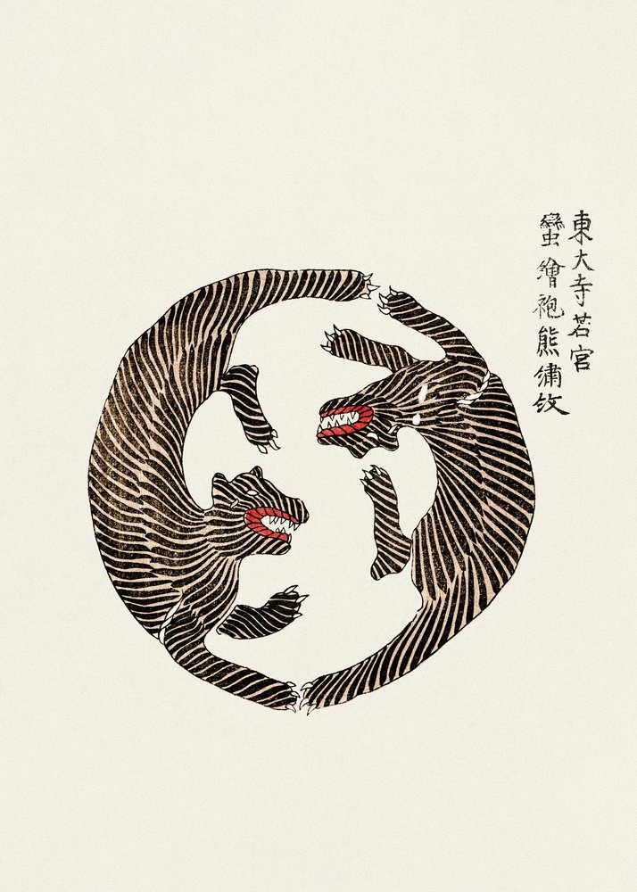 Woodblock Tigers From Yatsuo No Tsubaki by Taguchi Tomoki