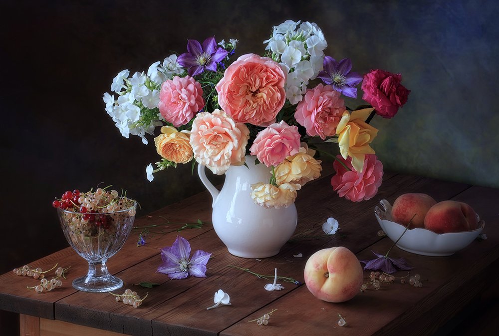 Floral Still Life with Peaches by Tatyana Skorokhod