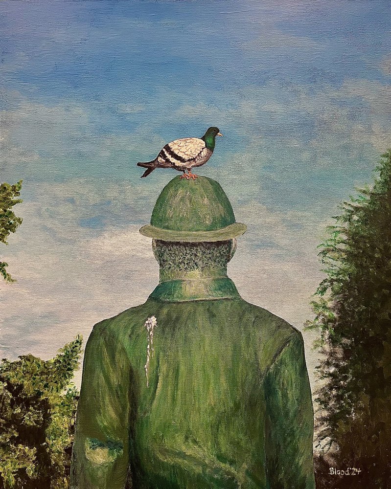 Pigeon on Green Hat by Tom Blood