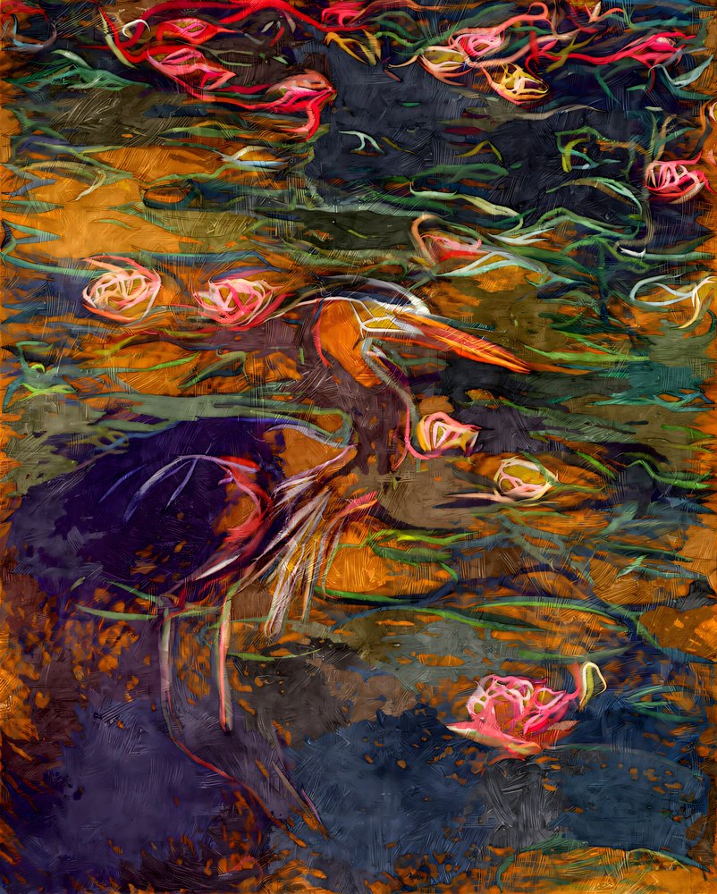 Heron Among Water Lilies by Uma Gokhale