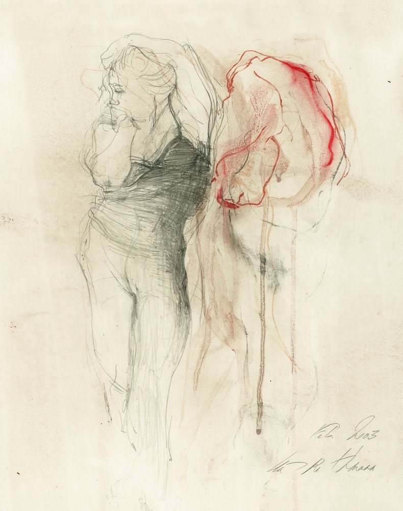 Pensive Woman Red Sketch by Ute Rathmann