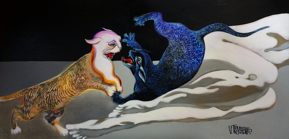 Blue Gold Feline Embrace by Victor Tkachenko