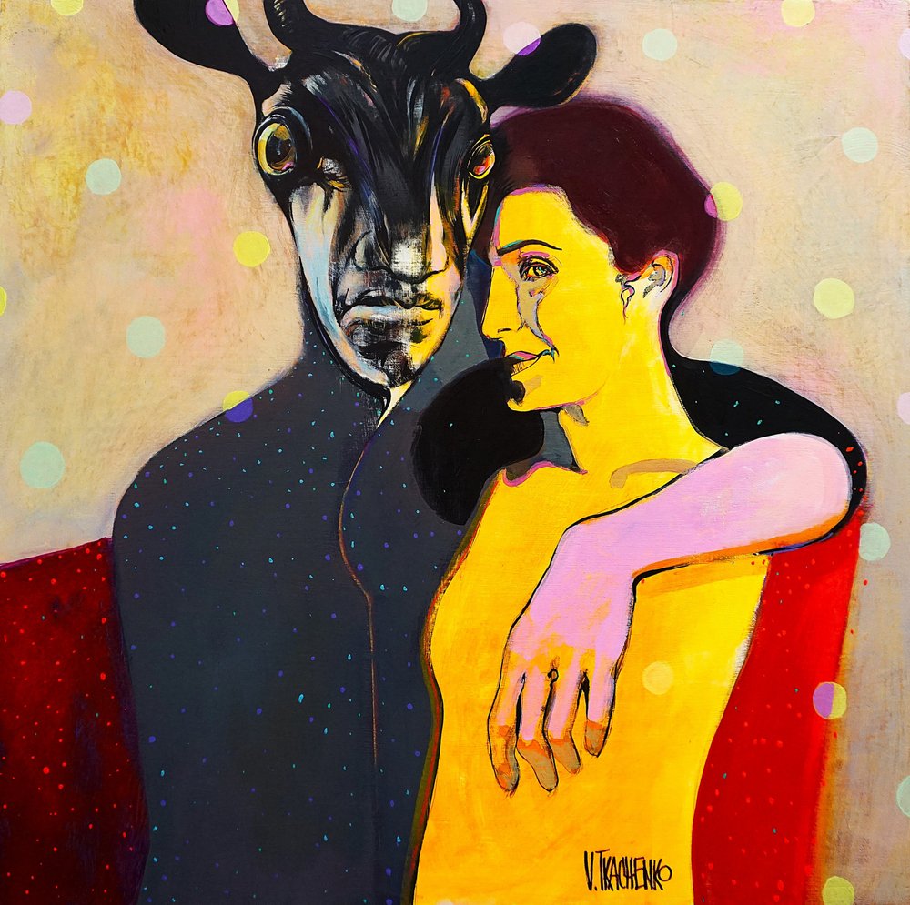 Couple with Horned Figure by Victor Tkachenko
