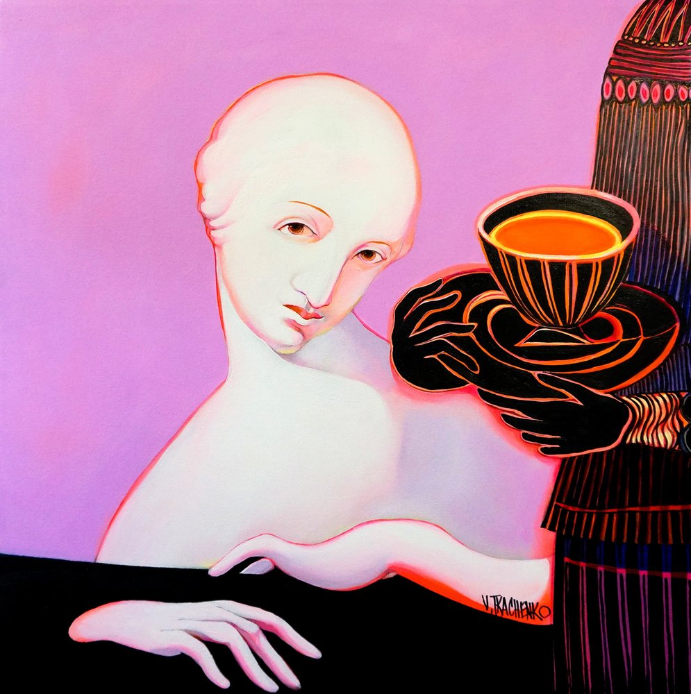 Pink Woman with Tea by Victor Tkachenko