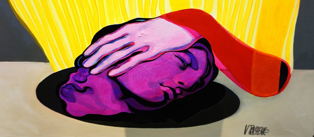 Purple Head Pink Hand by Victor Tkachenko